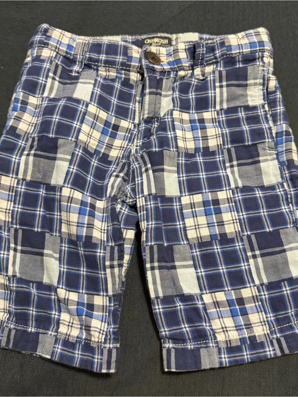 OshKosh Blue & White Plaid Pull-On Long Patchwork Shorts Sz 6 Boys